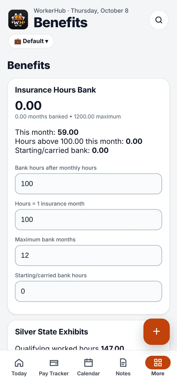 WorkerHub Benefits tab showing an insurance hours bank
